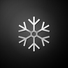 Silver Snowflake icon isolated on black background. Long shadow style. Vector.