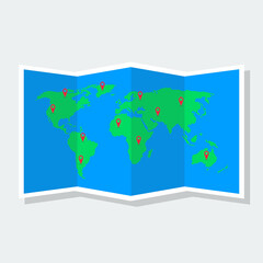Paper map of world with color point markers. Vector illustration.