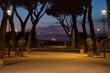 Orange Gardens on Aventine hill at sunset. The Savello Park of Rome also known as the Garden of...