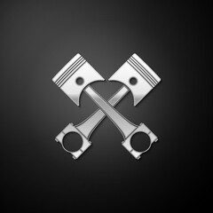 Silver Two crossed engine pistons icon isolated on black background. Long shadow style. Vector.