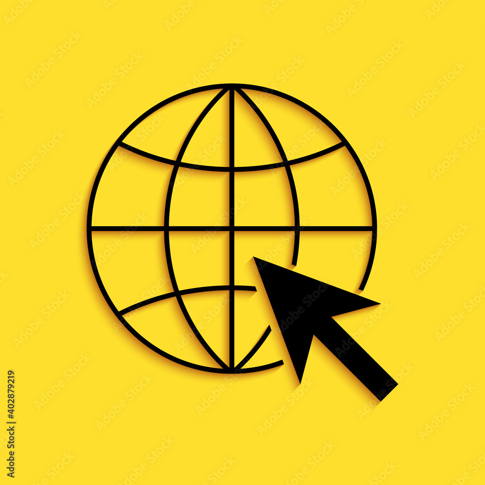 Poster black go to web icon isolated on yellow background. globe and cursor. website pictogram. world wide 
