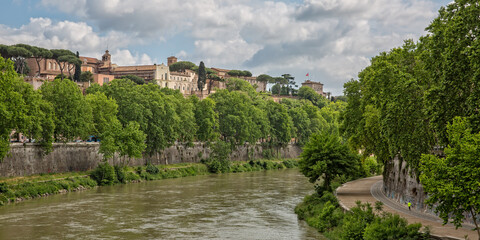 View of the Orange Gardens on Aventine hill. Panoramic view of the Tiber river and of the  Aventine Hill from Palatine Bridge, Rome, Italy