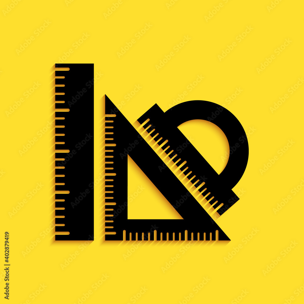 Poster black set ruler, triangular ruler and protractor icon isolated on yellow background. straightedge si