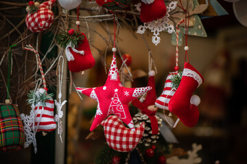 Beautiful New Year and Christmas toys at the fair in Kiev Ukraine, national traditional decorations and decor