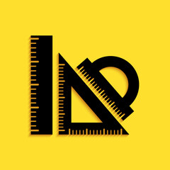 Fototapeta na wymiar Black Set ruler, triangular ruler and protractor icon isolated on yellow background. Straightedge sign. Triangle sign. Geometrical instruments. Long shadow style. Vector.