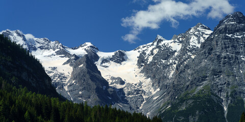 Mountain landscape along the road to Stelvio pass at summer