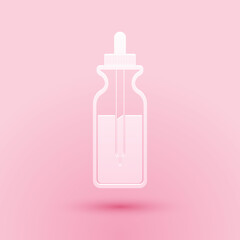 Paper cut Glass bottle with a pipette. Vial with a pipette inside and lid icon isolated on pink background. Container for medical and cosmetic product. Paper art style. Vector.