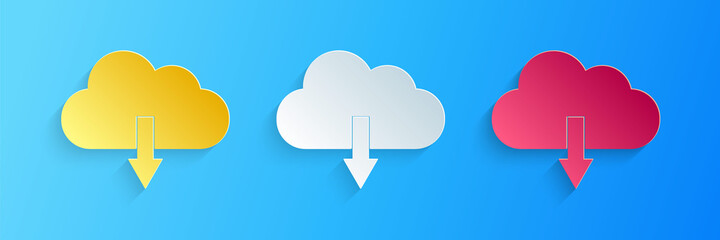 Paper cut Cloud download icon isolated on blue background. Paper art style. Vector.