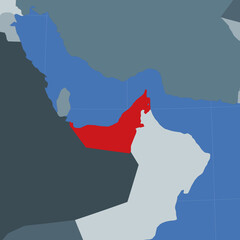Shape of the UAE in context of neighbor countries. Country highlighted with red color on world map. UAE map template. Vector illustration.