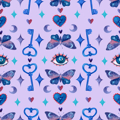 Seamless pattern with hand-drawn watercolor elements. Mystical watercolor background for wrapping paper, fabrics, packaging design, party, cover and other.