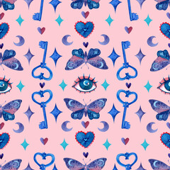Seamless pattern with hand-drawn watercolor elements. Mystical watercolor background for wrapping paper, fabrics, packaging design, party, cover and other.