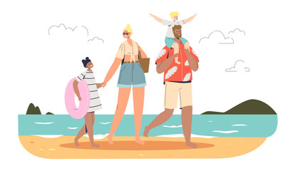 Happy family on vacation. mother, father and kids on beach. Parents with children trip