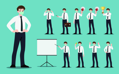 Flat design concept of Businessman wear surgery mask to protect corona virus with different poses, working and presenting process gestures, actions and poses. Vector cartoon character design set.