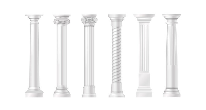 Ancient pillars. Realistic architectural set of rome or greek classic marble columns, stone pillar decoration for historic temple or palace. Vector illustrations