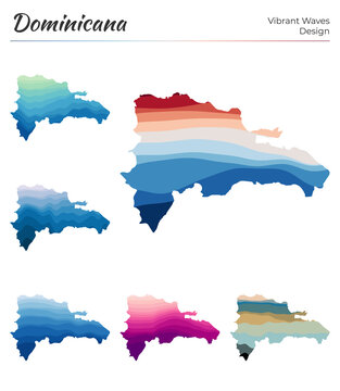 Set of vector maps of Dominicana. Vibrant waves design. Bright map of country in geometric smooth curves style. Multicolored Dominicana map for your design. Authentic vector illustration.