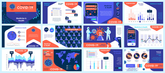 Coronavirus presentation slides templates from infographic elements and vector illustration. Can be used for presentation 2019-nCoV Covid, symptoms, spreading, preventive and protection from virus.