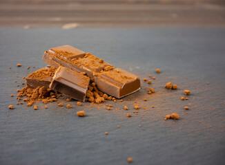 chocolate bar with chocolate powder on black slate plate