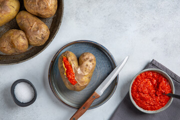 Heart shaped potato. Baked potatoes with red sauce on concrete gray background. Vegan, vegetarian...