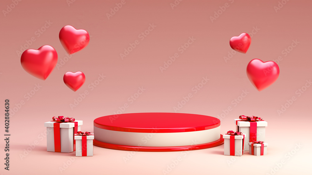 Poster valentines day red and white podium with hearts in 3d rendering for product presentation scene. disp