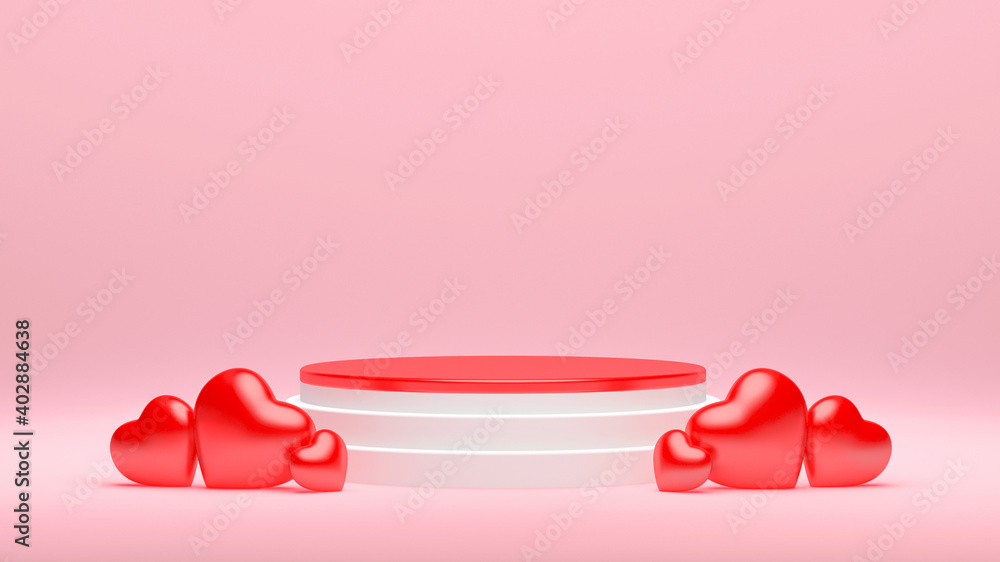 Poster valentines day red and white podium with hearts in 3d rendering for product presentation scene. disp