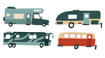 Collection set of camper trailers and rv bus isolated on white background. Hand drawn flat style road journey transportations. Group of motor home recreational vehicles. Trendy vector illustration