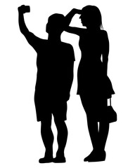Woman and man holds a camera in her hand. Isolated silhouettes of people on a white background