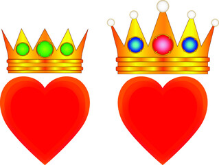 two hearts with crowns, one heart with the king's crown the second with the queen's crown isolated on a white background 