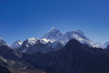 Fototapeta na wymiar Summit of Mount Everest photographed from Gokyo Ri. One of the best view points on Everest. 