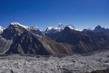 View from Gokyo Ri on Mount Everest, ngozumpa glacier, cho la, lobuche west, kala patter and louche east.