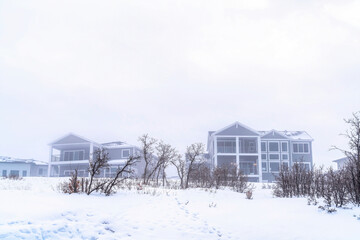 Fototapeta na wymiar Foggy residential landscape with houses on ground blanketed with snow in winter