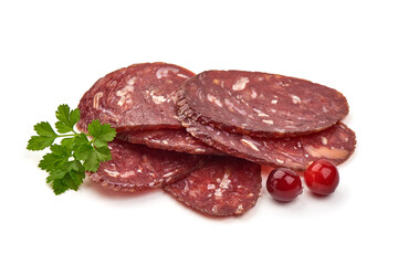 Dry sausage slices, cured sausages, isolated on white background
