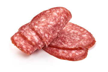 Smoked salami slices, isolated on white background