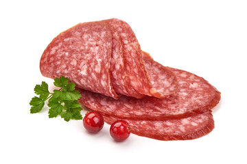 Smoked salami slices, isolated on white background