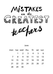 Calendar template 2021 year with motivational quote lettering.