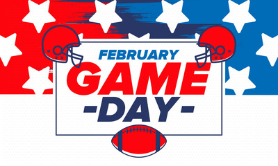 Game Day. American football playoff. Super Bowl Party in United States. Final game of regular season. Professional team championship. Ball for american football. Sport poster. Vector illustration