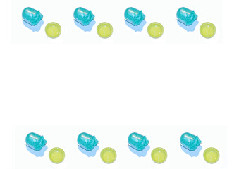 banner blue shoe covers in individual capsules with yellow caps. Disposable shoe covers. Protection concept. 