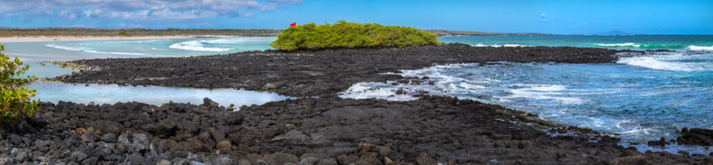 Fototapeta na wymiar Lava shores in the Galapagos Islands. Natural lava beach. Pacific ocean landscape.