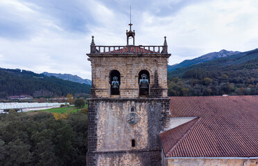 View from a drone of the Church of San Vicente, Guriezo, Cantabria, Spain, Europe