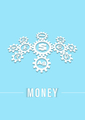 Sample 3D cover with a white gear mechanism and symbols of world currencies, precious metals. Inscription money. Shadows. EPS10