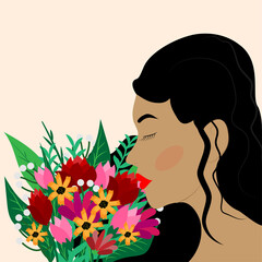 Vector illustration with a cute woman and flowers. Postcard template design for International Women's Day, Valentine's Day, Birthday, Meetings