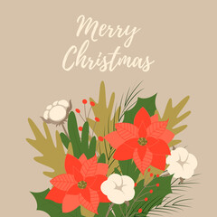 Christmas illustrations in a trendy style. Christmas flowers and cotton. Cute postcard, poster, poster, template. Vector illustration on isolated background.