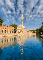 Sanli Urfa, Turkey: September 12 2020:  Halil-ur Rahman Mosque and Holy lake in Golbasi Park -...
