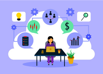 Flat vector ilustration of business person working from home in workplace, finance, business online connect anywhere 