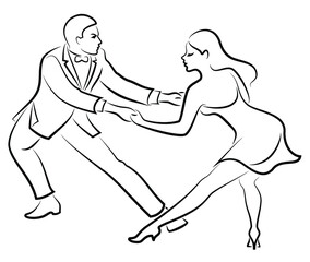 Beautiful young couple. The girl and the guy are dancing. Creative art. Graphic image. Vector illustration.