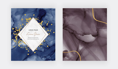 Navy blue alcohol ink texture with golden confetti, lines and marble frame
