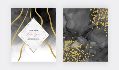 Black alcohol ink texture with golden confetti, lines and marble frame