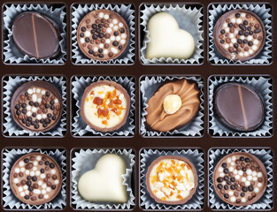 Different chocolate pralines. Box of belgian pralines of different shapes. Assortment of fine belgium white, dark and milk chocolates
