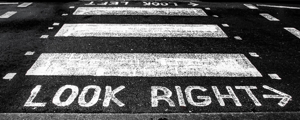 Look right sign on the street in England.