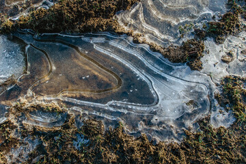 Abstract background, cracked ice on frozen puddle. Ice fragments on frozen water. The ice broken pieces.Ice on a frozen water puddle on the mud in winter morning.Seasonal weather scene