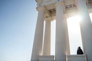 plague doctor stands between columns
